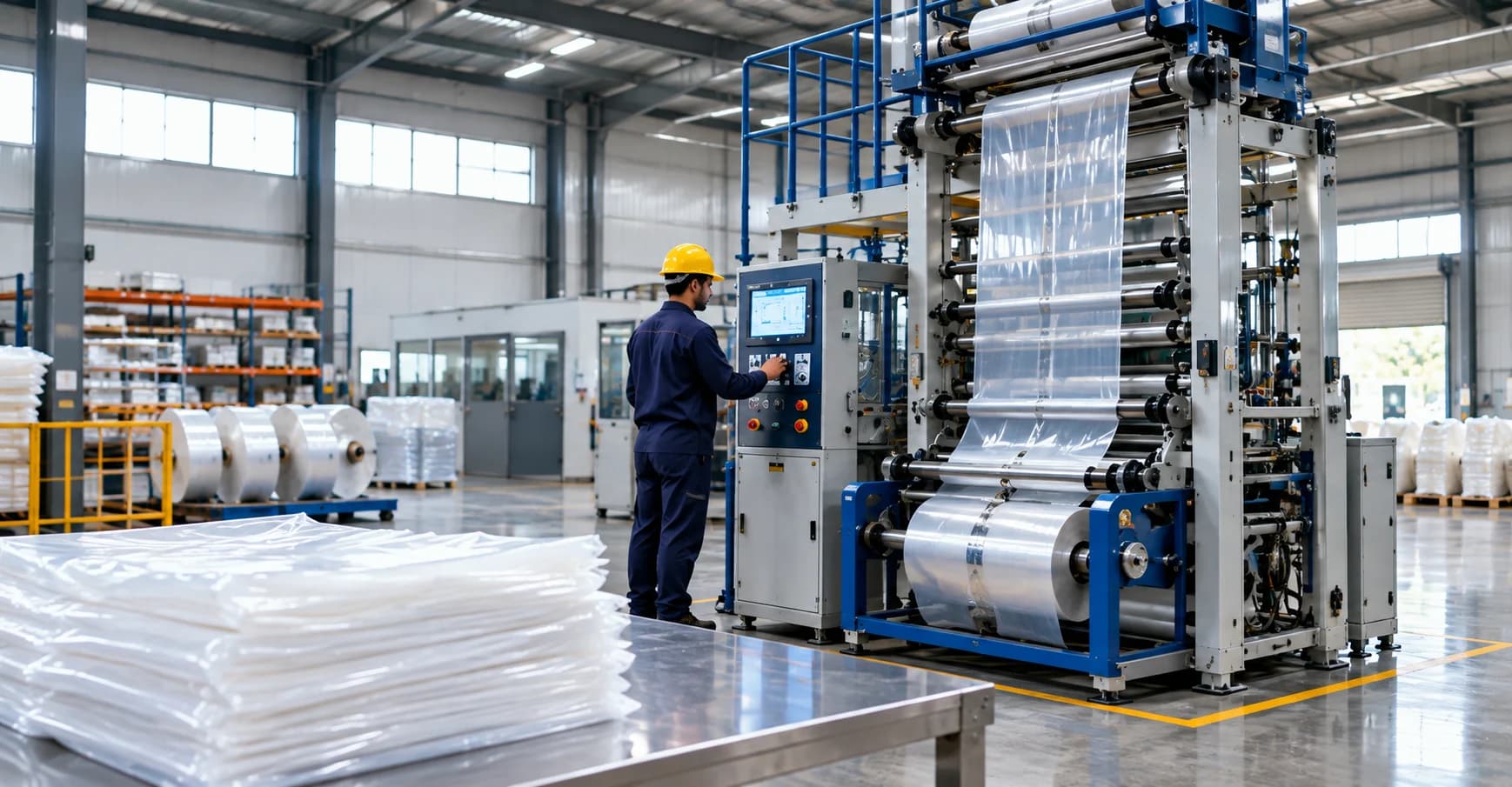 Packaging and wrapping equipment in an industrial warehouse