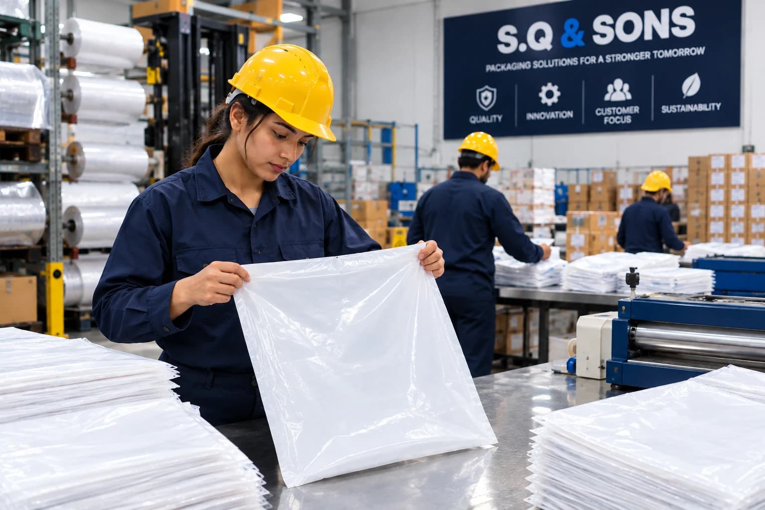 Operator inspecting a white poly bag at a workstation, with stacks of finished bags and a warehouse behind