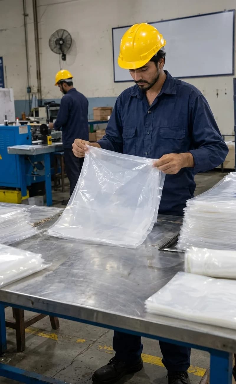 Operator holding a clear EVA poly bag at a workstation, with stacked bags and a sealing machine behind