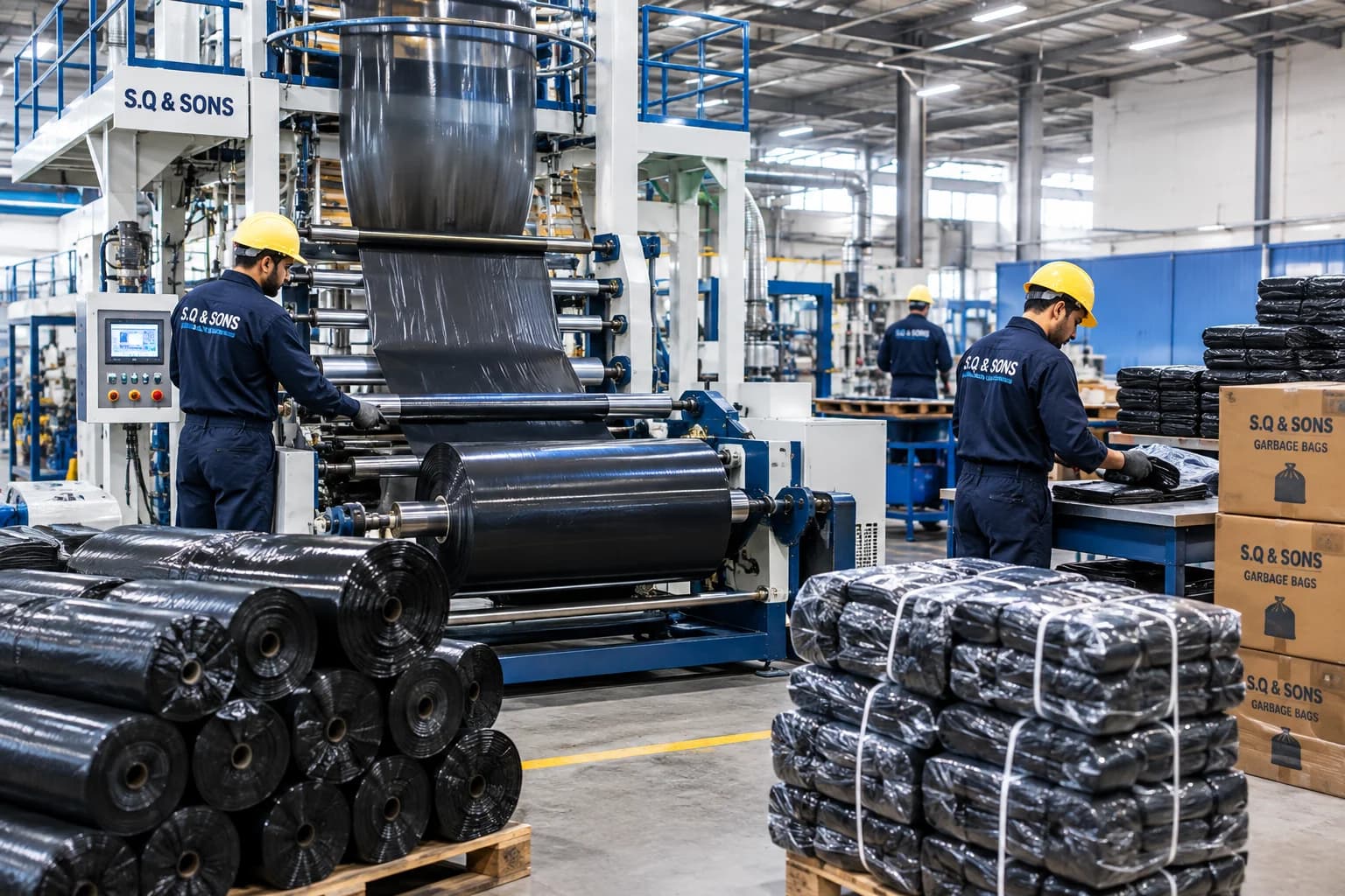 Black garbage bag film on a production line, with stacked rolls and bundled garbage bags on pallets beside cartons