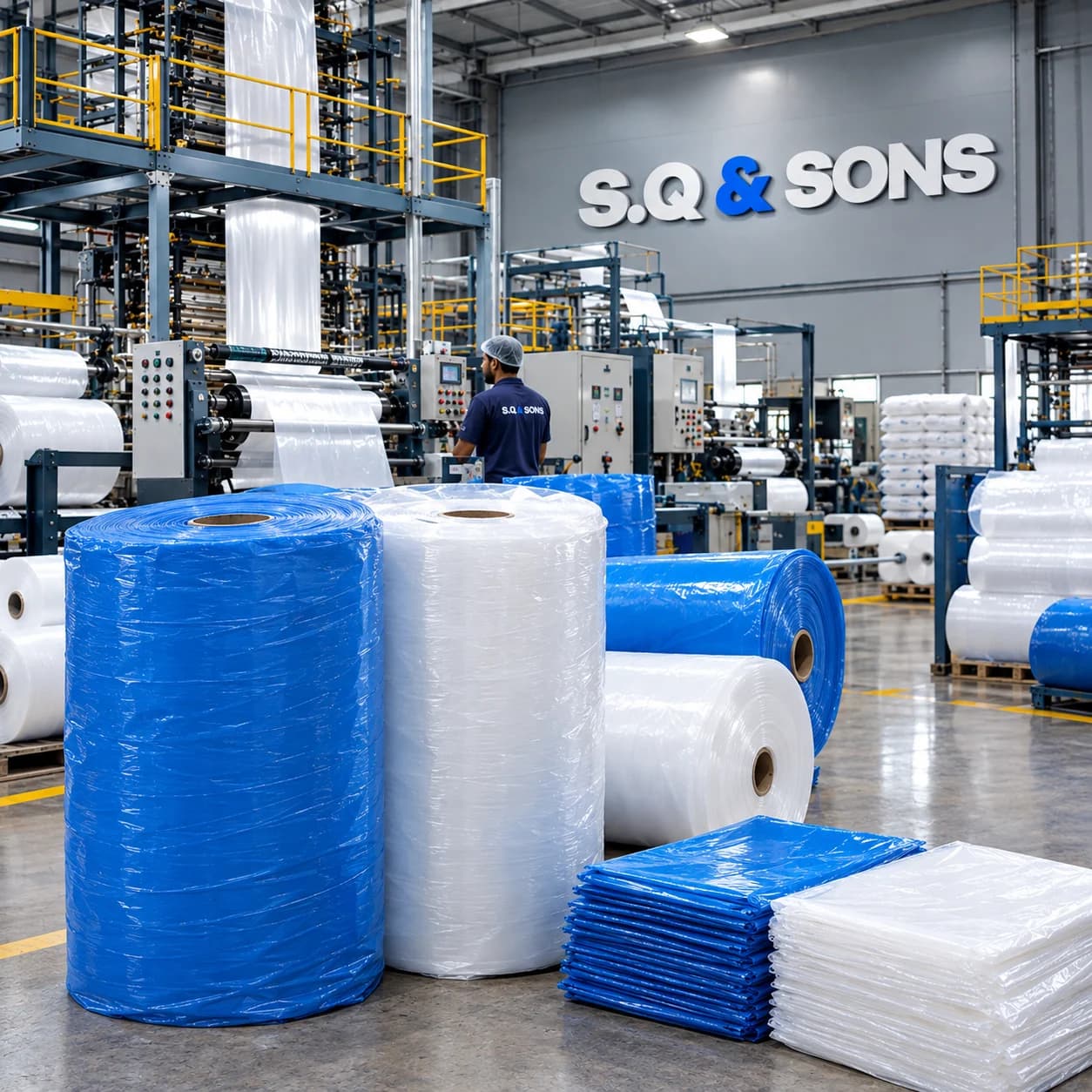 Large blue and white film rolls and stacks of blue and white bags on a factory floor, with an operator at a film production line behind